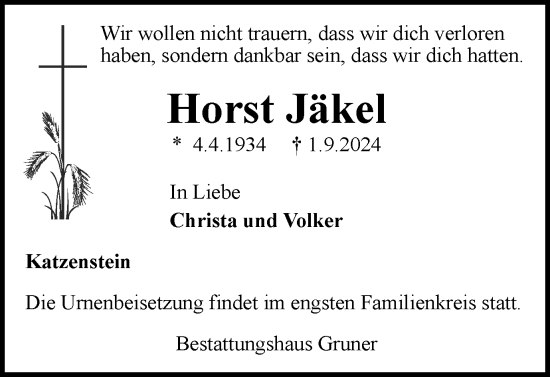 Traueranzeige von Horst Jäkel von Harz Kurier