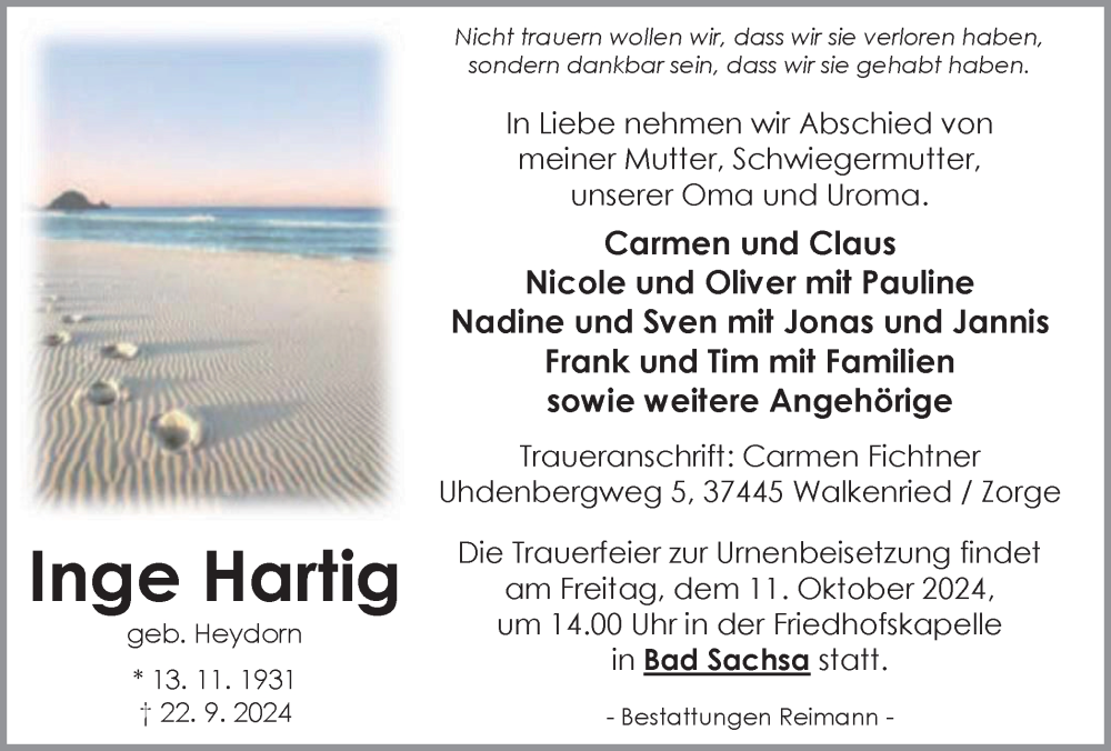  Traueranzeige für Inge Hartig vom 28.09.2024 aus Harz Kurier
