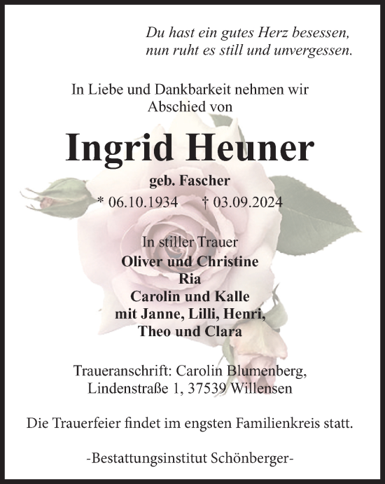 Traueranzeige von Ingrid Heuner von Harz Kurier