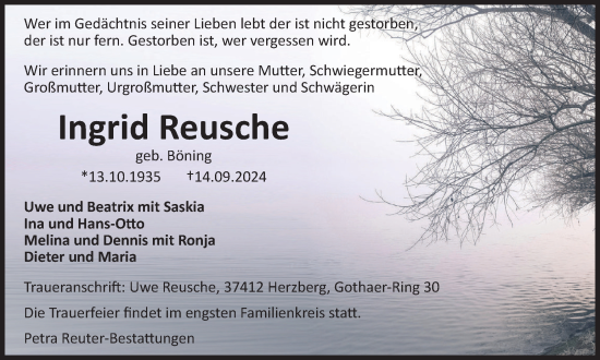 Traueranzeige von Ingrid Reusche von Harz Kurier