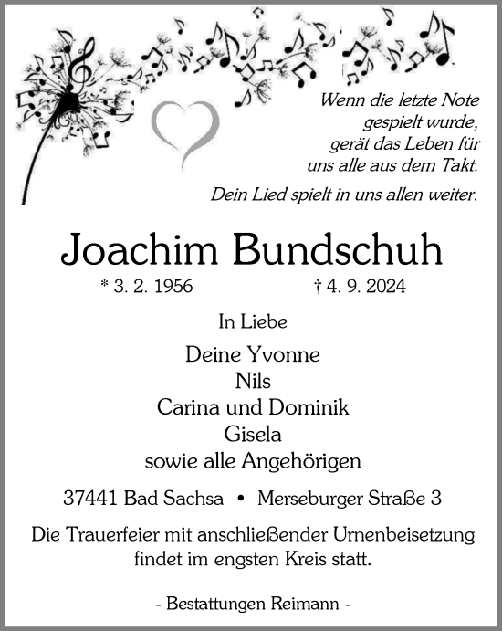 Traueranzeige von Joachim Bundschuh von Harz Kurier