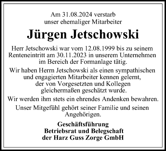 Traueranzeige von Jürgen Jetschowski von Harz Kurier
