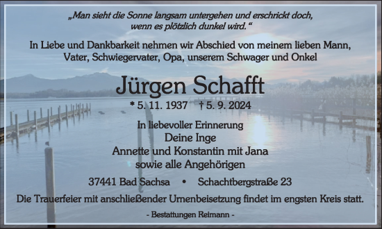 Traueranzeige von Jürgen Schafft von Harz Kurier