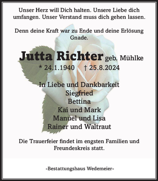 Traueranzeige von Jutta Richter von Harz Kurier