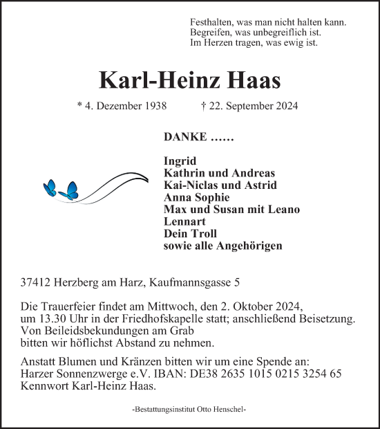 Traueranzeige von Karl-Heinz Haas von Harz Kurier