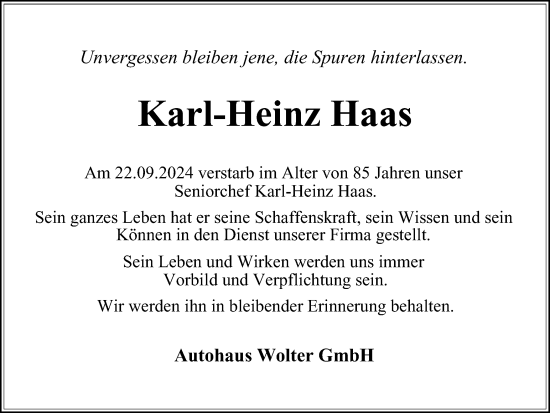 Traueranzeige von Karl-Heinz Haas von Harz Kurier
