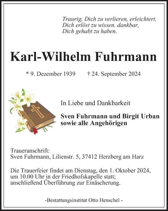 Traueranzeige von Karl-Wilhelm Fuhrmann von Harz Kurier