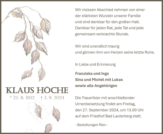 Traueranzeige von Klaus Höche von Harz Kurier