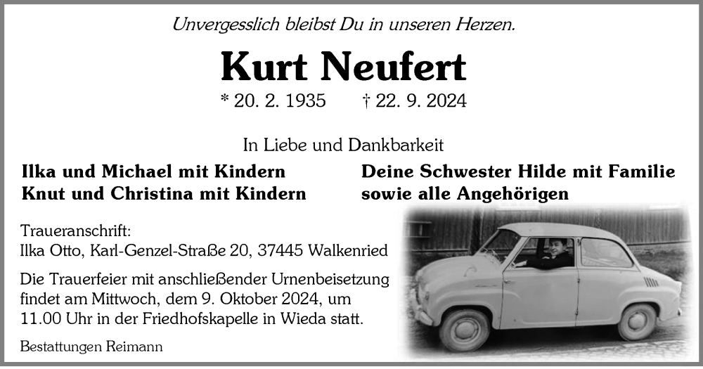  Traueranzeige für Kurt Neufert vom 28.09.2024 aus Harz Kurier