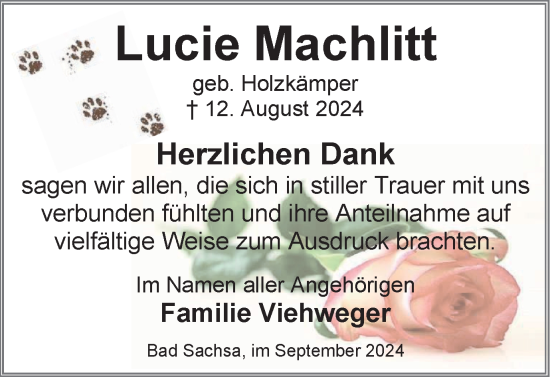 Traueranzeige von Lucie Machlitt von Harz Kurier