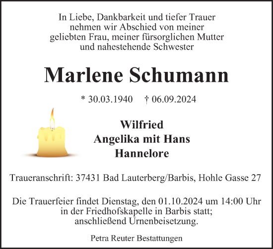 Traueranzeige von Marlene Schumann von Harz Kurier