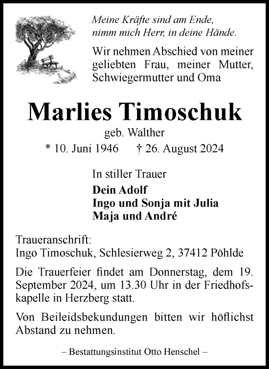 Traueranzeige von Marlies Timoschuk von Harz Kurier