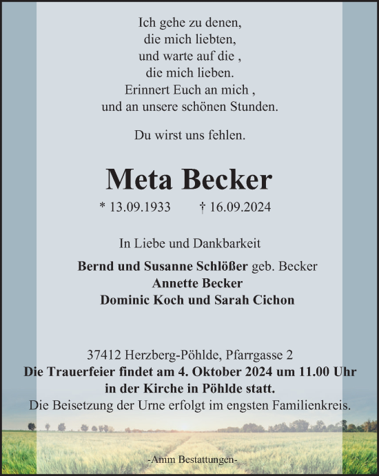 Traueranzeige von Meta Becker von Harz Kurier
