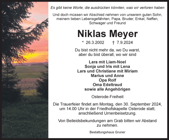 Traueranzeige von Niklas Meyer von Harz Kurier