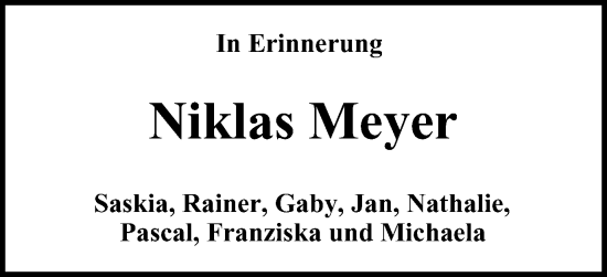 Traueranzeige von Niklas Meyer von Harz Kurier