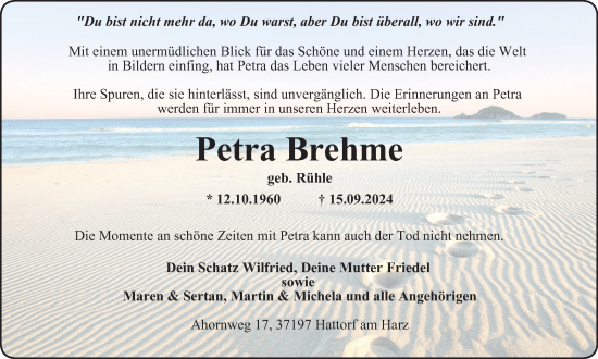 Traueranzeige von Petra Brehme von Harz Kurier