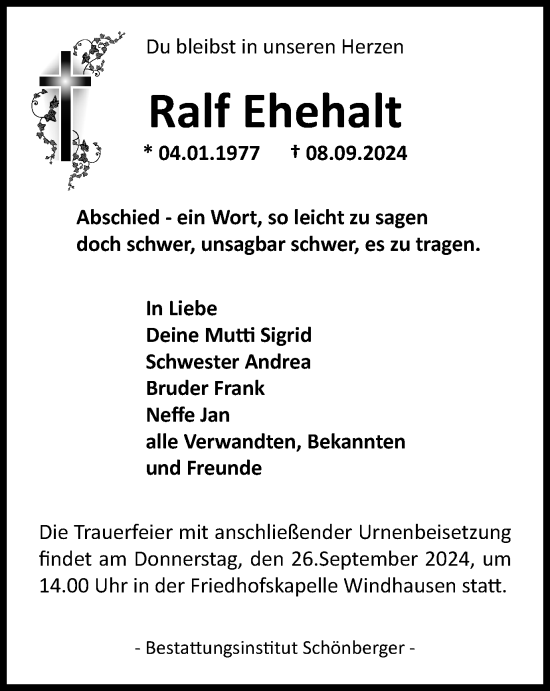 Traueranzeige von Ralf Ehehalt von Harz Kurier