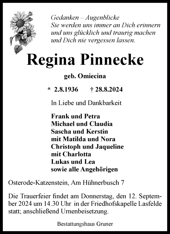 Traueranzeige von Regina Pinnecke von Harz Kurier