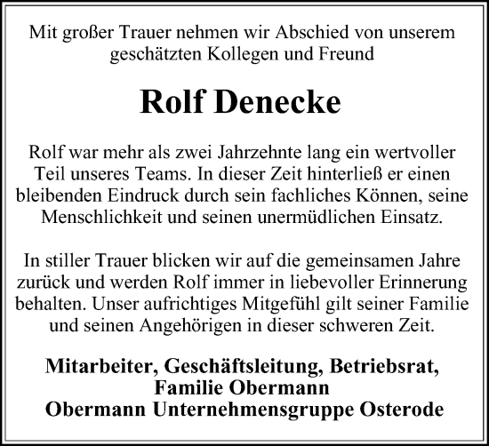 Traueranzeige von Rolf Denecke von Harz Kurier