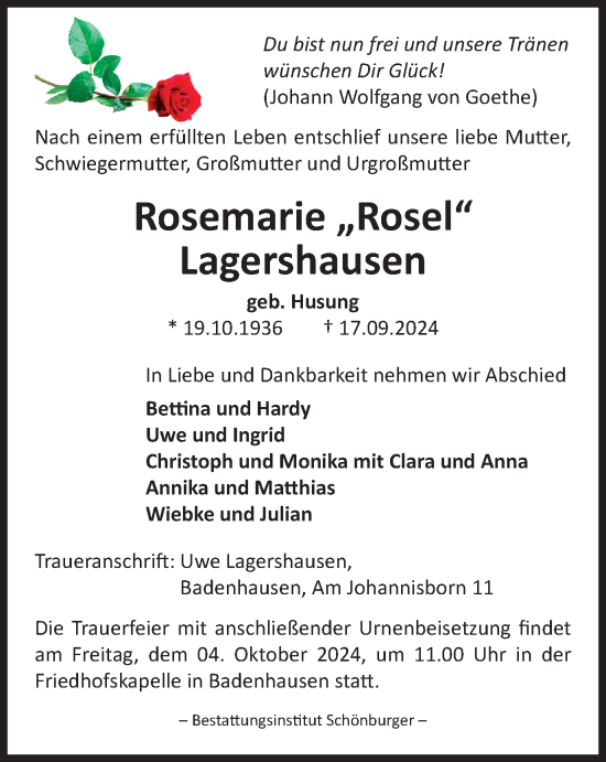 Traueranzeige von Rosemarie Lagershausen von Harz Kurier
