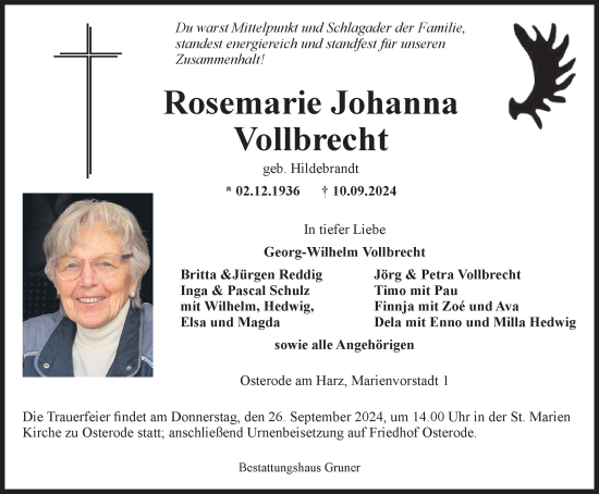 Traueranzeige von Rosemarie Vollbrecht von Harz Kurier