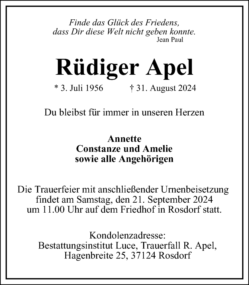  Traueranzeige für Rüdiger Apel vom 14.09.2024 aus Harz Kurier