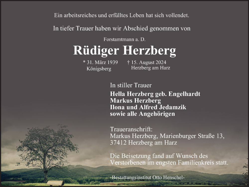  Traueranzeige für Rüdiger Herzberg vom 14.09.2024 aus Harz Kurier