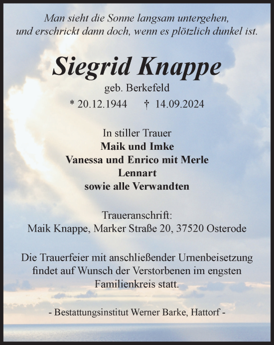 Traueranzeige von Siegrid Knappe von Harz Kurier