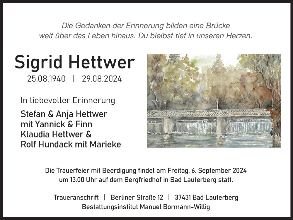  Traueranzeige für Sigrid Hettwer vom 04.09.2024 aus Harz Kurier