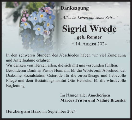 Traueranzeige von Sigrid Wrede von Harz Kurier