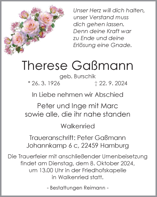 Traueranzeige von Therese Gaßmann von Harz Kurier