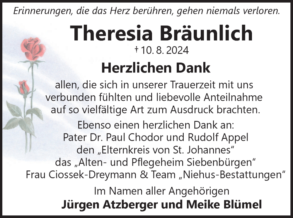  Traueranzeige für Theresia Bräunlich vom 14.09.2024 aus Harz Kurier