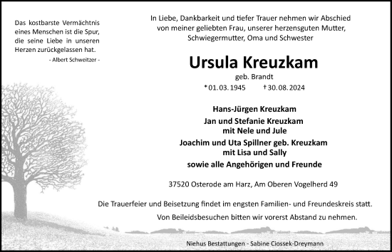 Traueranzeige von Ursula Kreuzkam von Harz Kurier