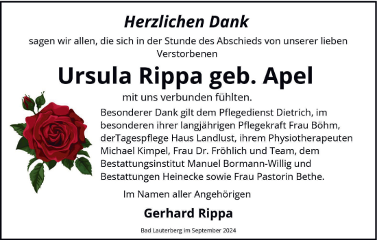 Traueranzeige von Ursula Rippa von Harz Kurier