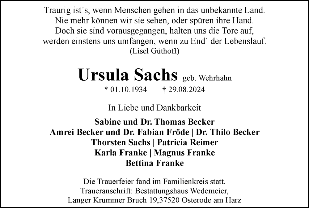  Traueranzeige für Ursula Sachs vom 14.09.2024 aus Harz Kurier