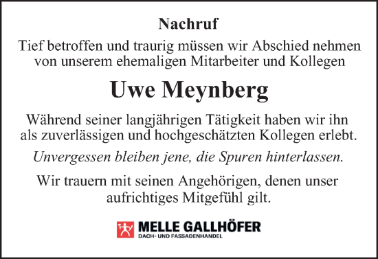 Traueranzeige von Uwe Meynberg von Harz Kurier