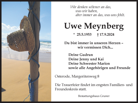 Traueranzeige von Uwe Meynberg von Harz Kurier