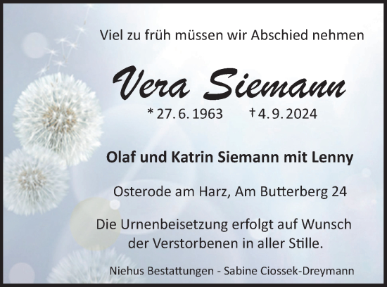 Traueranzeige von Vera Siemann von Harz Kurier