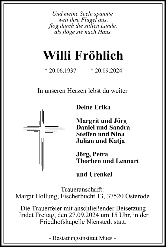 Traueranzeige von Willi Fröhlich von Harz Kurier