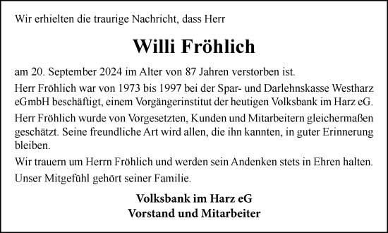 Traueranzeige von Willi Fröhlich von Harz Kurier