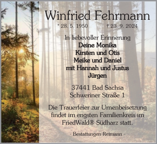 Traueranzeige von Winfried Fehrmann von Harz Kurier