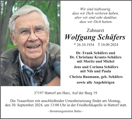 Traueranzeige von Wolfgang Schäfers von Harz Kurier