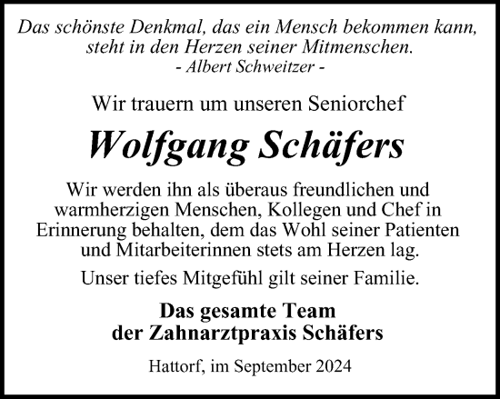 Traueranzeige von Wolfgang Schäfers von Harz Kurier