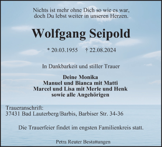 Traueranzeige von Wolfgang Seipold von Harz Kurier