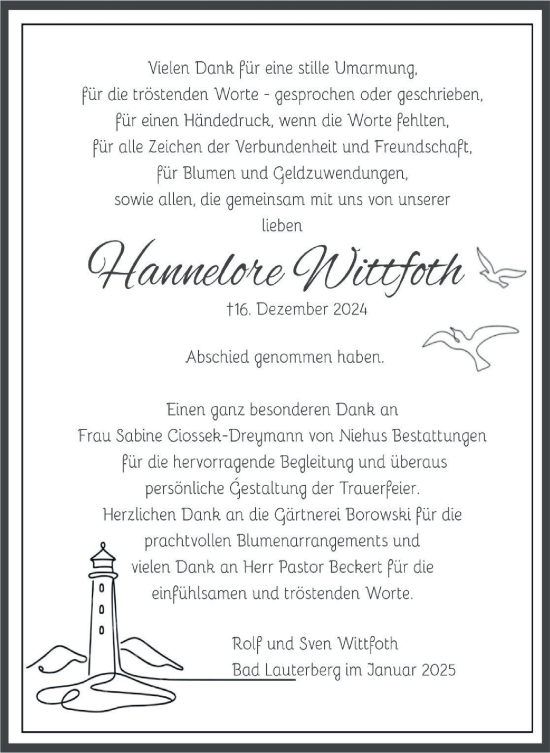 Traueranzeige von Hannelore Wittfoth von Harz Kurier