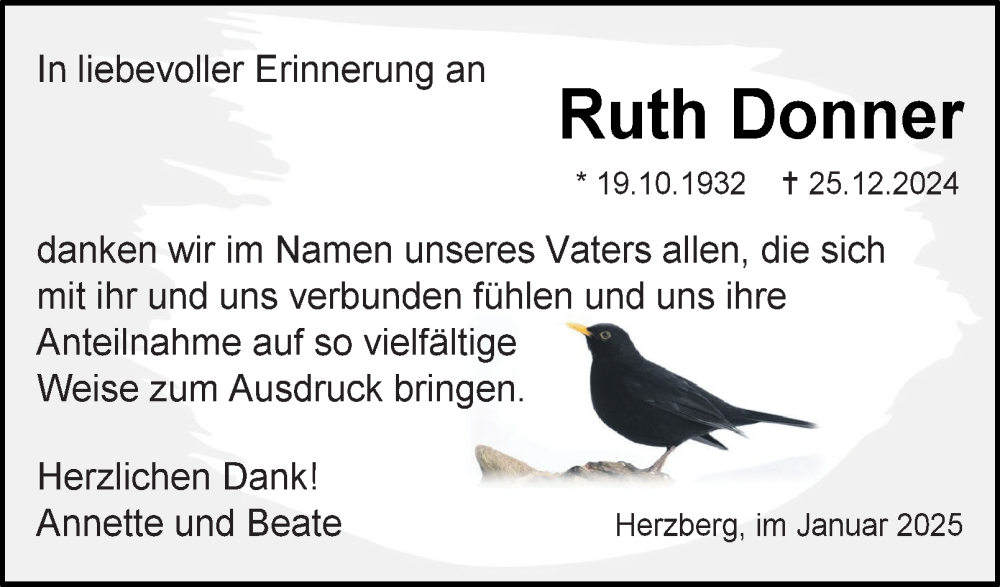  Traueranzeige für Ruth Donner vom 18.01.2025 aus 