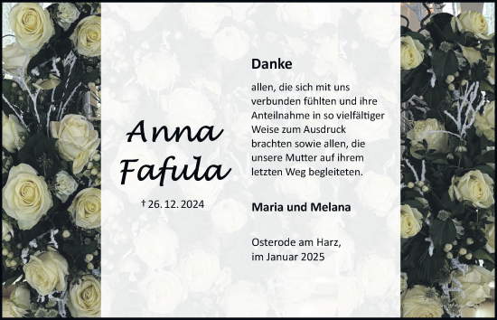 Traueranzeige von Anna Fafula von Harz Kurier