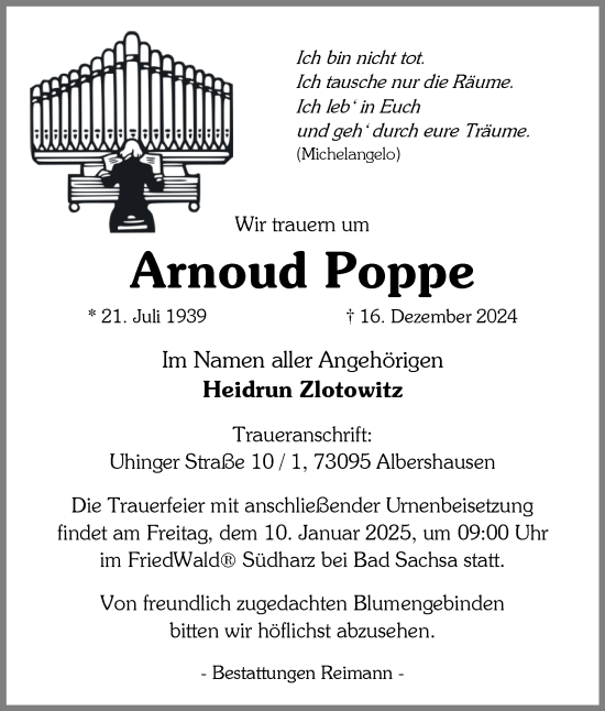 Traueranzeige von Arnoud Poppe von Harz Kurier