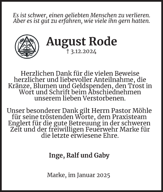 Traueranzeige von August Rode von Harz Kurier
