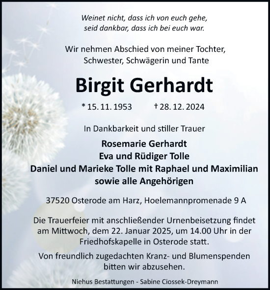 Traueranzeige von Birgit Gerhardt von Harz Kurier